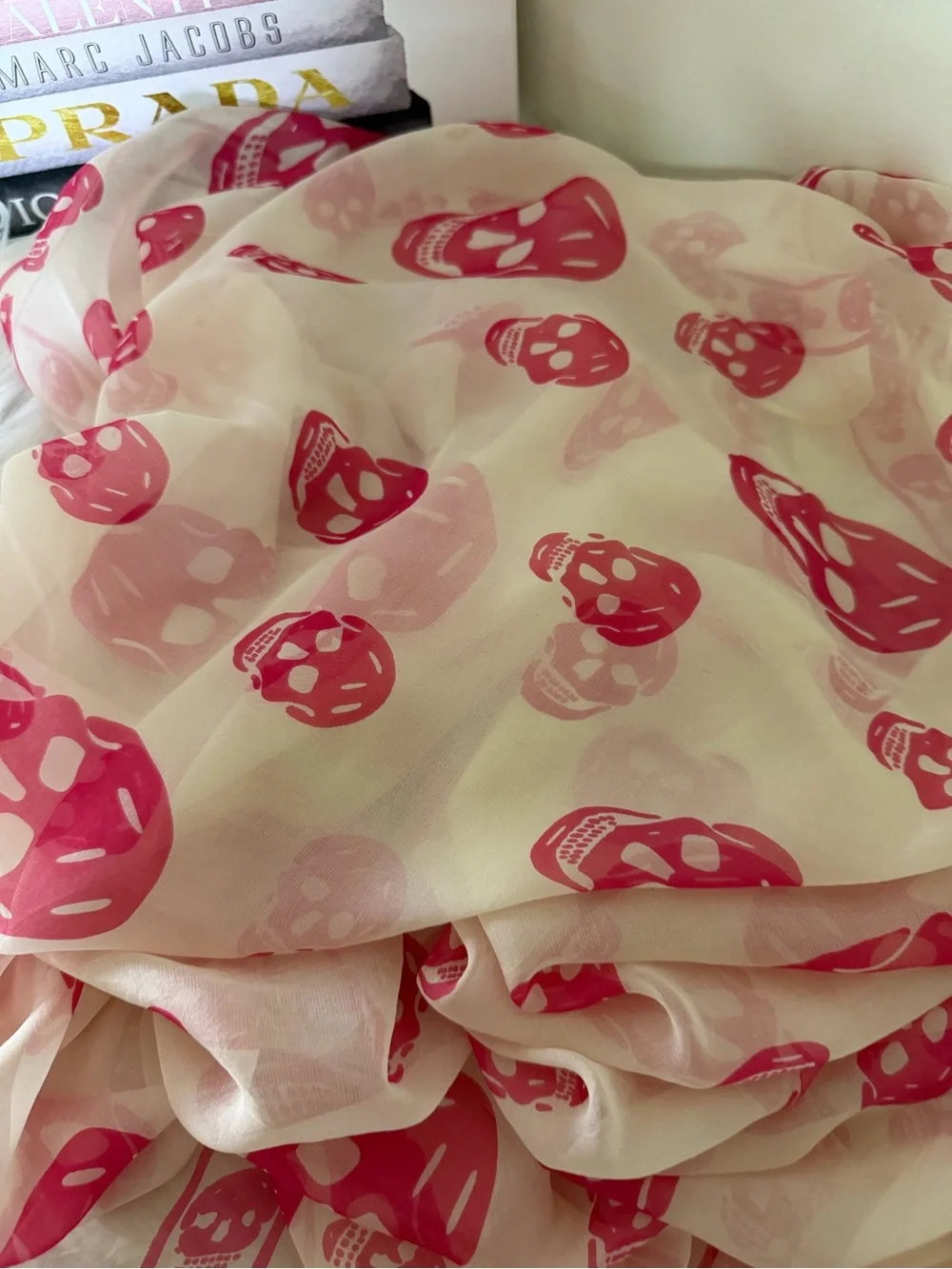 Alexander McQueen Sheer Pink Skull Print Wrap Silk Scarf.